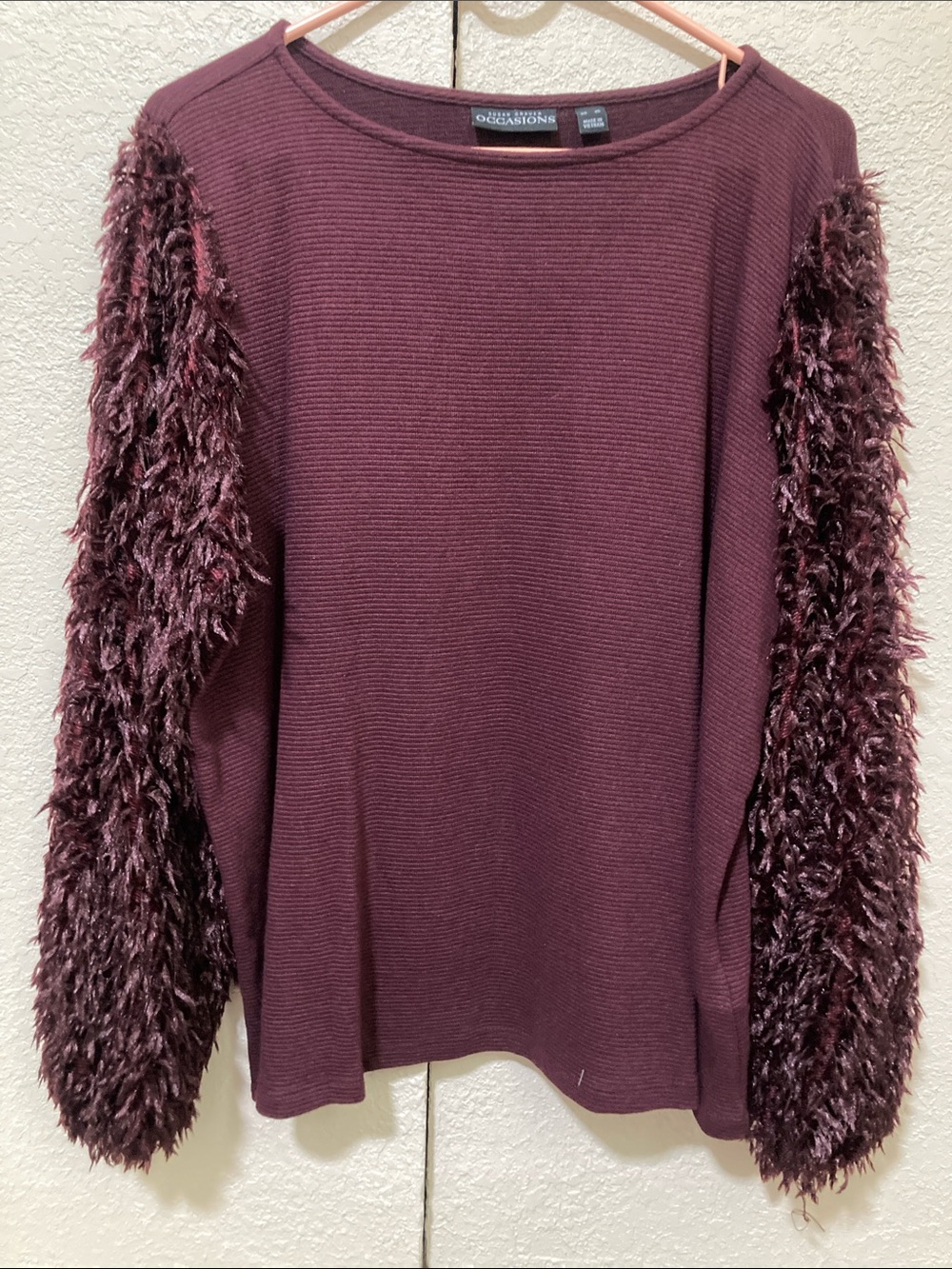 Susan Graver Plum Ribbed Top with Fuzzy Textured Sleeves